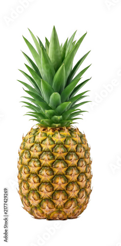 Quadro su tela Whole ripe pineapple with green spiky leaves on transparent background