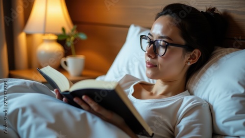A woman relaxing in bed with a book, perfect for a cozy scene or reading at home