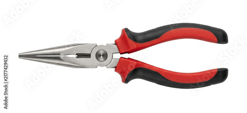 Fotografie Long nose pliers with red and black handles on transparent background