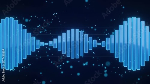 blue digital audio equalizer waveform display with glowing light particles loop background visualization for music production sound frequency technology interface animation motion graphics concept.