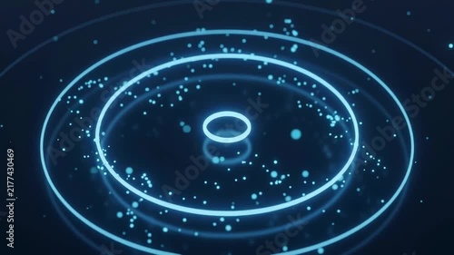 abstract glowing blue neon rings with floating particles looping on dark background futuristic cyber technology interface hud radar display digital data network motion graphic background.
