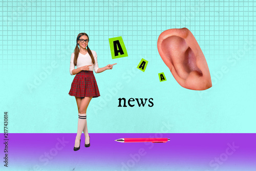 Fotografie 3d poster image full pop art collage of happy girl guy stand ear body element aa