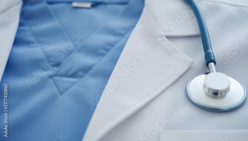 Close-up of a doctor's white lab coat and blue scrubs with a stethoscope draped over the shoulder, concept of healthcare and medical professionalism