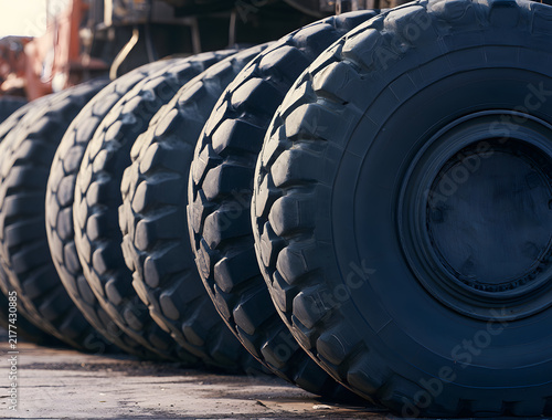 Large truck tires stand in a row on the ground. Heavy-duty vehicle wheels have deep treads for traction on rough terrain. They are ready for transport or repair.