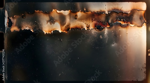 A detailed close up view of a burnt exposure film surface showing damaged edges and abstract light leaks for design
