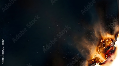 A dramatic abstract background featuring a burnt exposure film surface with glowing embers and dark smoky textures for creative projects