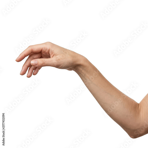Elderly woman arm reaching down isolated on white background