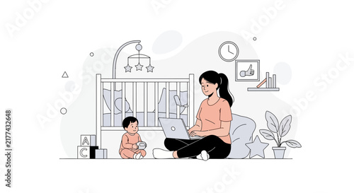 Mother working from home with baby in nursery, illustration of work-life balance and remote employment concept.