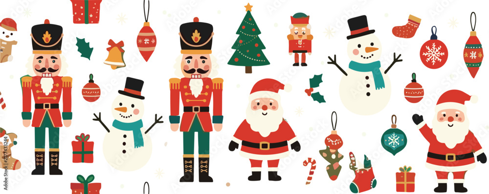 Fototapeta premium Christmas holiday character collection featuring Santa Claus, nutcrackers, snowmen, Christmas tree, stockings, ornaments, gifts and festive decorations