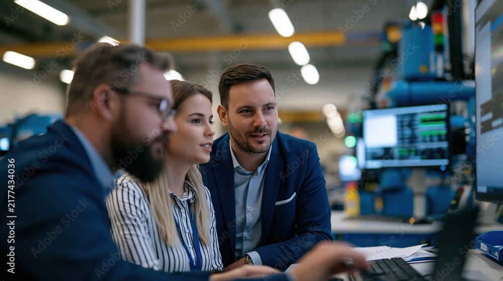 Fototapeta premium Manufacturing specialists collaborating in smart factory with automated machinery