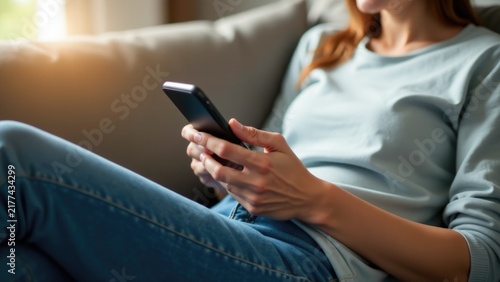 A woman sitting on a couch holding a cell phone, a common scene in modern life