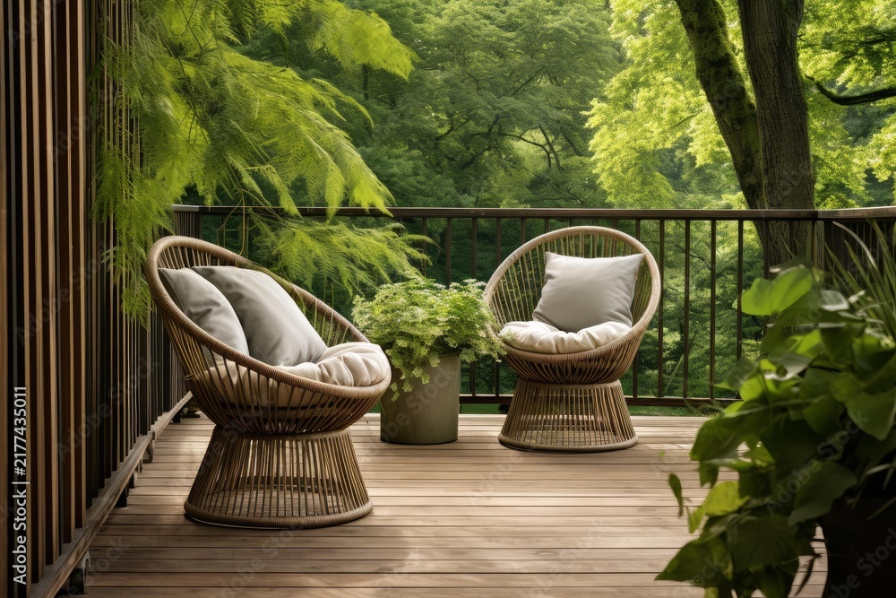 Obraz premium Deck balcony featuring comfortable chairs and a potted plant, offering peaceful nature views