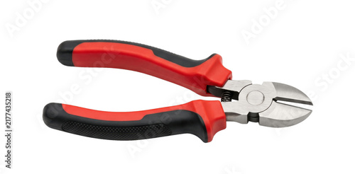 Heavy duty diagonal cutting pliers with red and black insulated handles on transparent background