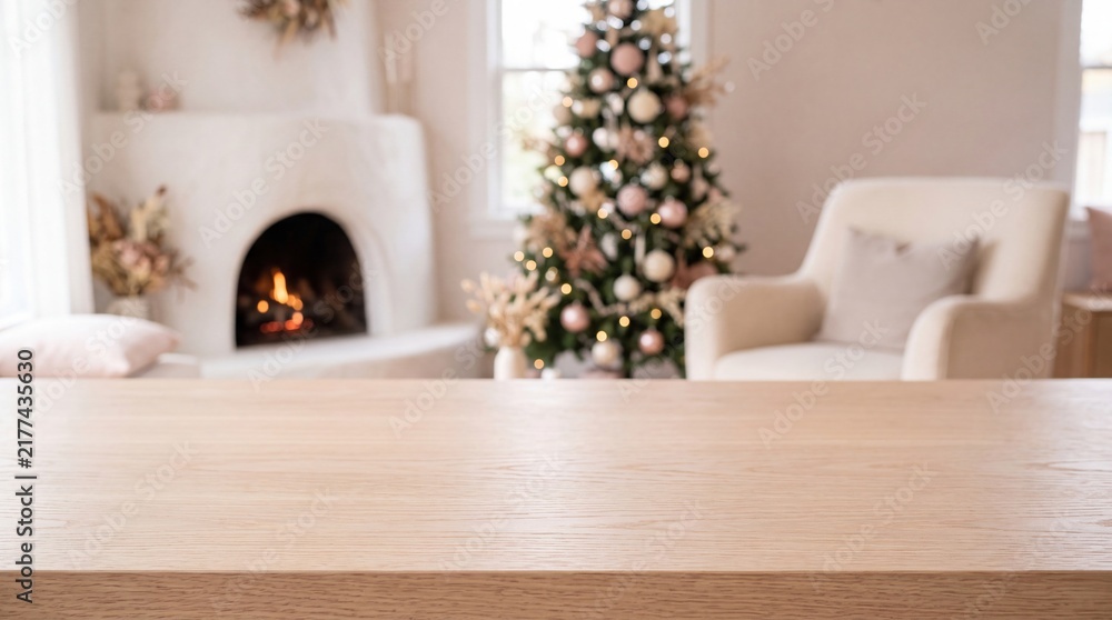 Obraz premium Wooden table with blurred Christmas living room interior and fireplace