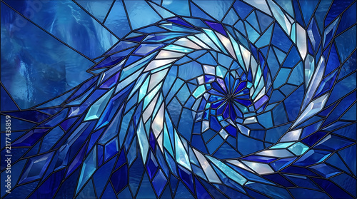 Abstract blue glass shards swirling in a spiral pattern