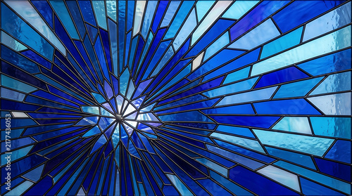 Abstract blue stained glass window with geometric pattern