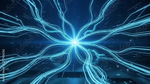 abstract digital technology background showing glowing blue fiber optic cables and circuit lines converging into a powerful central energy node forming an artificial intelligence network.