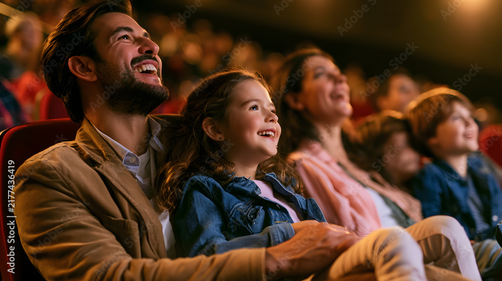 Fototapeta premium The family enjoys a film at the cinema. The father holds his daughter on his lap as they all share a delightful experience together with their wife and son. All expressions indicate happiness as they 