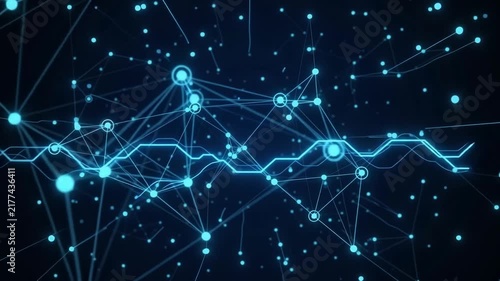abstract glowing cyan digital network plexus with connected nodes and lines futuristic technology data transfer communication visual loop background concept for science tech presentation.
