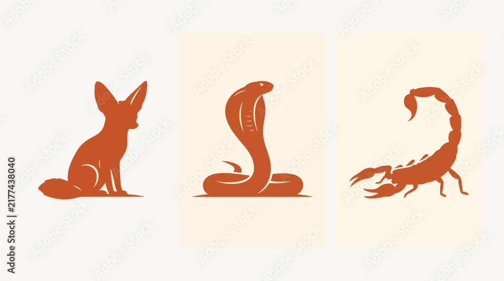 Fototapeta premium Minimalist vector graphic illustration featuring a fennec fox a cobra snake and a stinging scorpion set against light backgrounds
