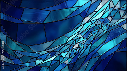 Abstract blue stained glass pattern with geometric shapes