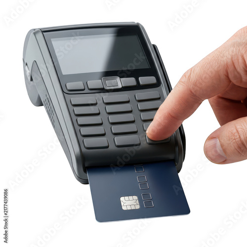 Hand pressing button on credit card payment terminal machine