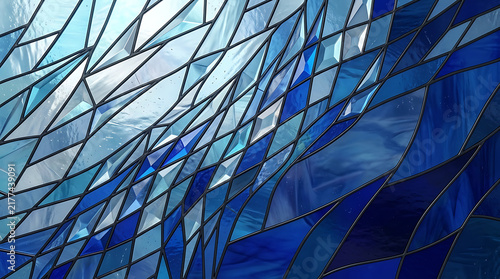 Abstract blue glass geometric pattern on modern building