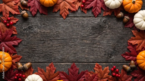 Oak wood plank background, with autumn leaves, and acorns