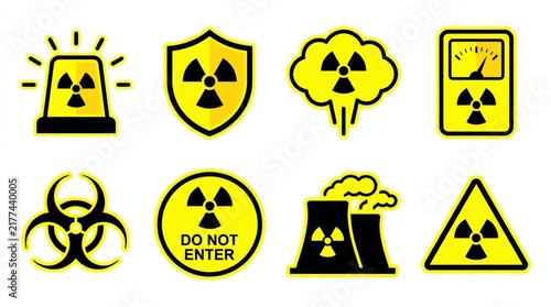 Yellow and black nuclear radiation hazard symbol vector icon set
