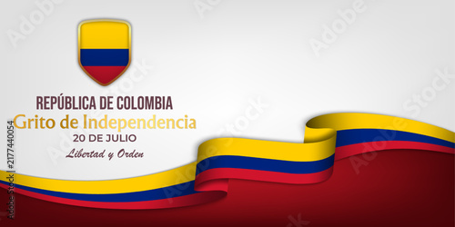 Colombia independence day banner with tricolor flag ribbon and shield emblem