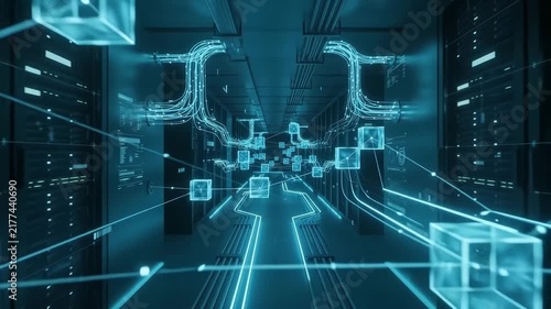 Futuristic digital technology big data network transfer inside server room featuring glowing blue blockchain light cubes high speed internet connection lines and cloud computing data flow.