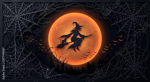 Halloween witch flying on broomstick across a giant full moon