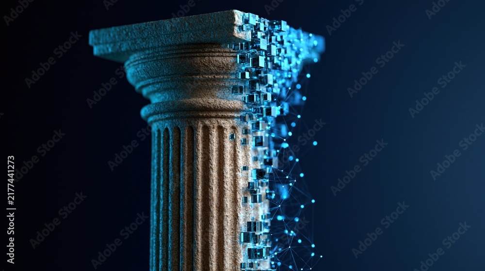 Naklejka premium Classical column transforming into digital cubes and network lines