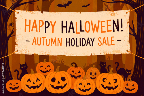 Happy Halloween Banner, Autumn Holiday Sale Background with Seasonal Festive Design