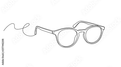 Minimalist continuous line drawing of stylish eyeglasses in black ink on a clean white background for modern design concepts.