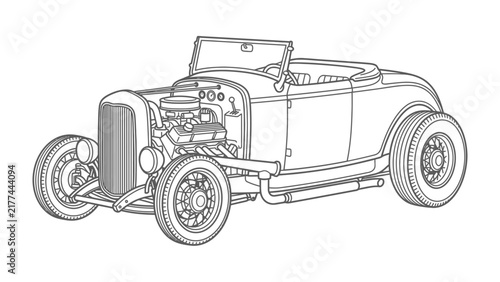 Fotografie Classic Hot Rod Roadster: A detailed line drawing of a vintage hot rod roadster, showcasing its powerful engine, sleek body, and iconic design