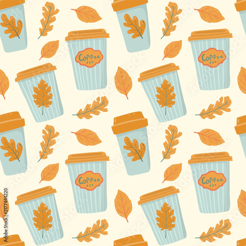 Autumn seamless pattern with striped blue coffee cups and orange leaves on cream background. Flat folk art vector wallpaper with takeaway mugs and fall foliage for Thanksgiving cafe menu print.