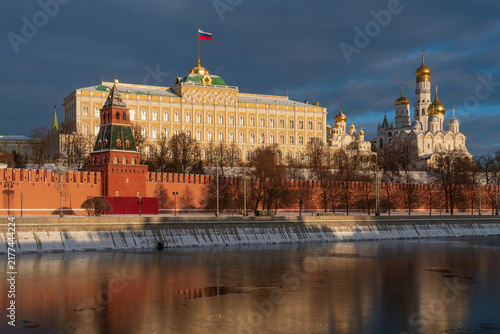 Grand Kremlin Palace, the Annunciation Tower and the ensemble of the Kremlin Cathedral Square from the embankment of the Moskva River, Moscow, Russia