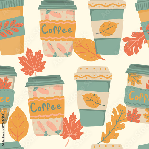 Autumn coffee cups to go and leaves seamless pattern on milk background. Flat folk art vector wallpaper with takeaway beverage mugs and fall foliage for Thanksgiving cafe menu fabric print.