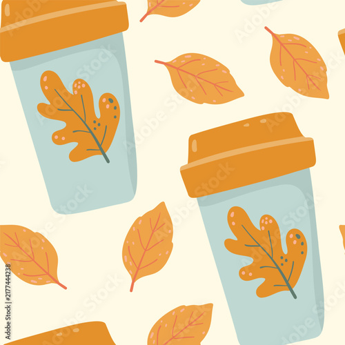 Autumn coffee cups with oak leaf pattern seamless pattern on milk background. Flat folk art vector wallpaper with blue to-go mugs and orange lids for Thanksgiving cafe branding fabric print.