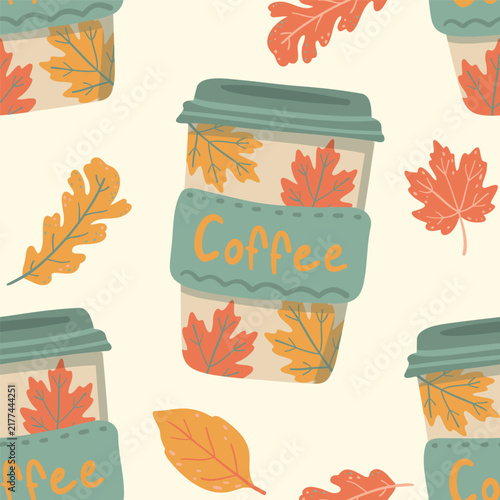 Autumn coffee cups with green lids and maple leaves seamless pattern on milk background. Flat folk art vector wallpaper with coffee lettering and yellow orange fall foliage for cafe fabric print.