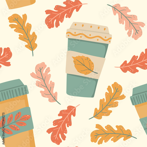 Autumn green and brown coffee cups with oak leaves seamless pattern on cream background. Flat folk art vector wallpaper with takeaway mugs and colorful fall foliage for Thanksgiving fabric print.