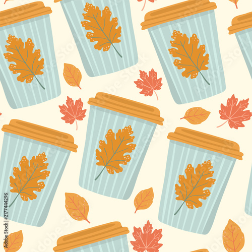 Cozy fall morning coffee seamless pattern on light backdrop. Flat folk art vector wallpaper with striped blue to-go cups, orange lids and autumn leaves for seasonal cafe promotion packaging.