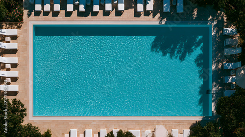 A serene aerial view of a sparkling blue pool surrounded by sun loungers, inviting relaxation on a sunny day.