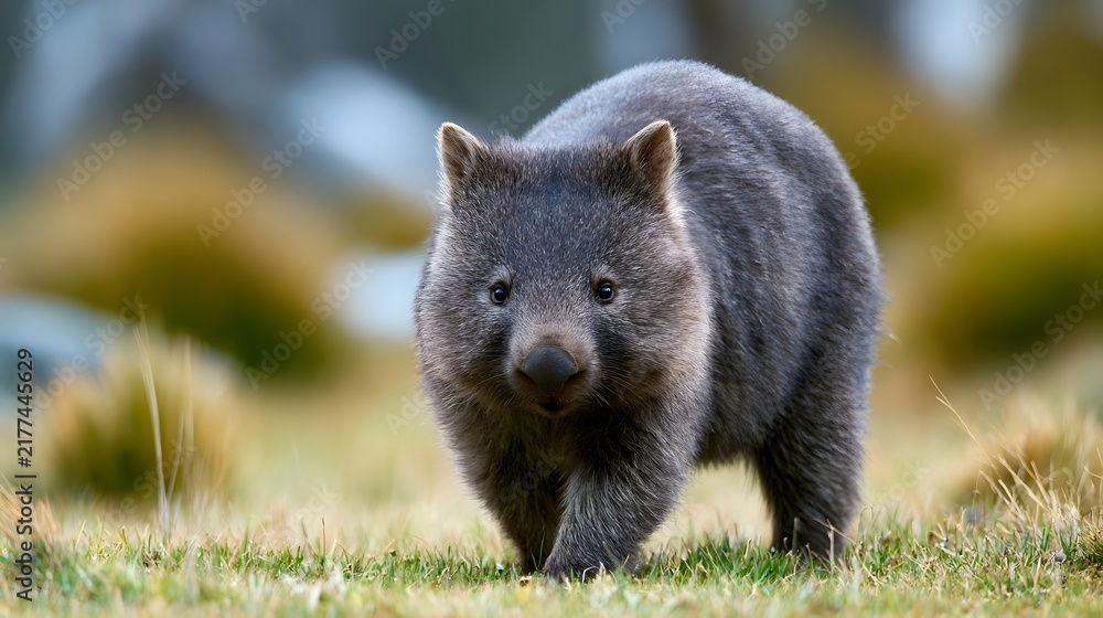 Obraz premium A small furry wombat stands alert on grassy terrain with soft blurred background and focused gaze