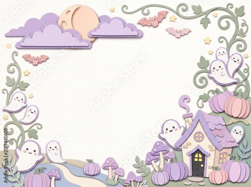 Pastel Layered Paper-Cut Haunted Halloween Garden Background Features rounded lilac pumpkins, sage-green