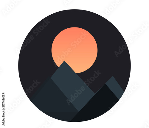 Circular Mountain Landscape Vector Icon with Sun and Dark Sky