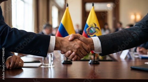 Professional businessmen shaking hands firmly during a formal diplomatic meeting with colorful Ecuadorian flags positioned on a polished wooden table