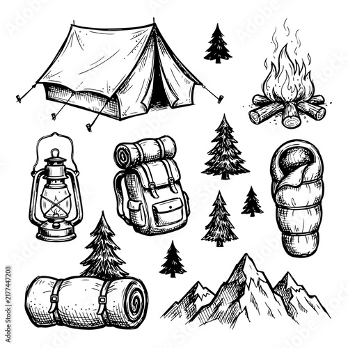 Hand drawn camping and outdoor adventure doodle elements set with adventure