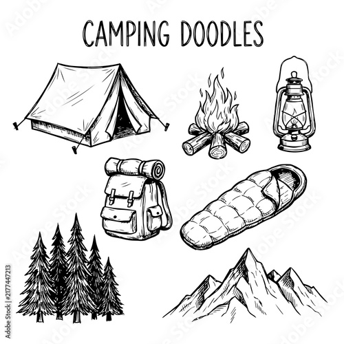 Set of camping doodles featuring a tent campfire backpack and trees